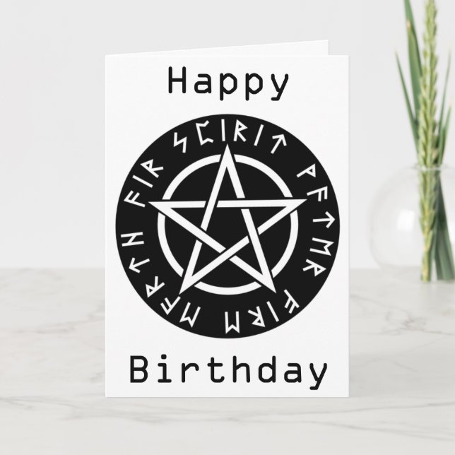 Wiccan Black Runic Pentagram Birthday Card (Front)