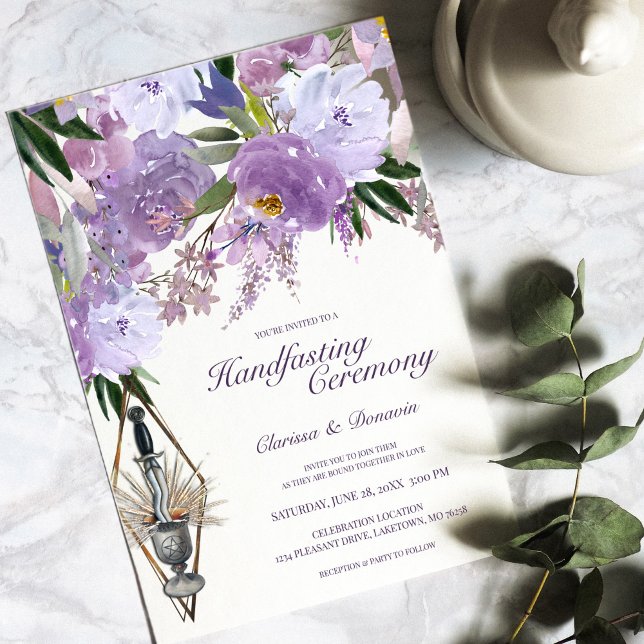 Wiccan Handfasting Chalice & Athame Purple Floral Invitation (Creator Uploaded)