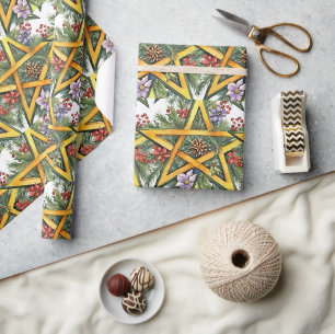 Wiccan Holiday Pentacle Winter Solstice Floral Wrapping Paper