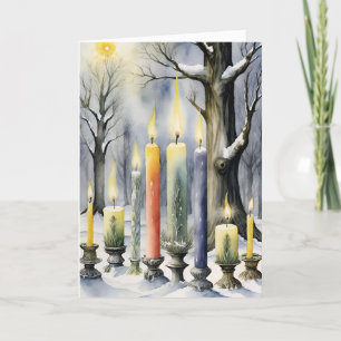Wiccan Imbolc Rainbow Candles in Snowy Forest Holiday Card