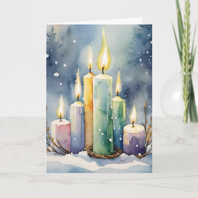 Wiccan Imbolc Rainbow Candles in Snowy Forest Holiday Card (Front)