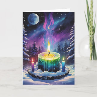Wiccan Imbolc Rainbow Candles in Snowy Forest Holiday Card