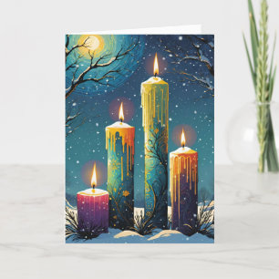Wiccan Imbolc Rainbow Candles in Snowy Forest Holiday Card