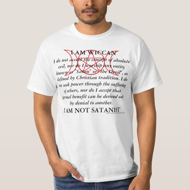 Wiccan, Not Satanist T-Shirt (Front)