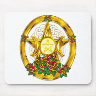 Wiccan Pagan Pentacle Gold With Roses Mouse Mat