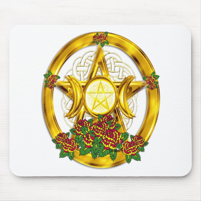 Wiccan Pagan Pentacle Gold With Roses Mouse Mat (Front)