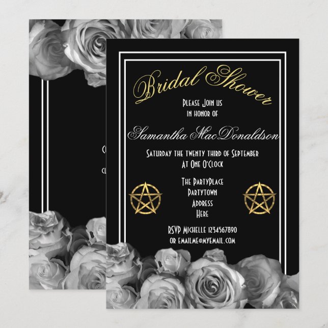 Wiccan pentacle black floral bridal shower invitation (Front/Back)