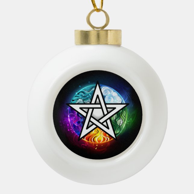 Wiccan pentagram ceramic ball christmas ornament (Front)