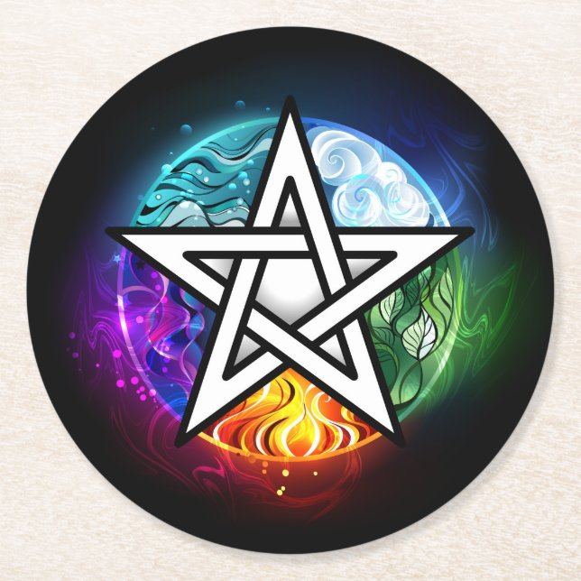 Wiccan pentagram round paper coaster (Front)