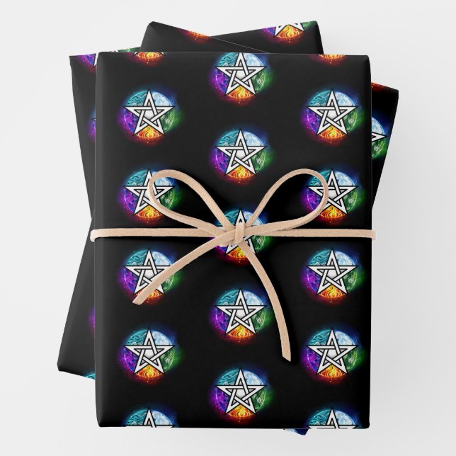 Wiccan pentagram wrapping paper sheet (In situ)