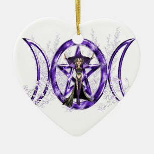 Wiccan Purple Triple Moon Goddess Pentacle Ceramic Tree Decoration