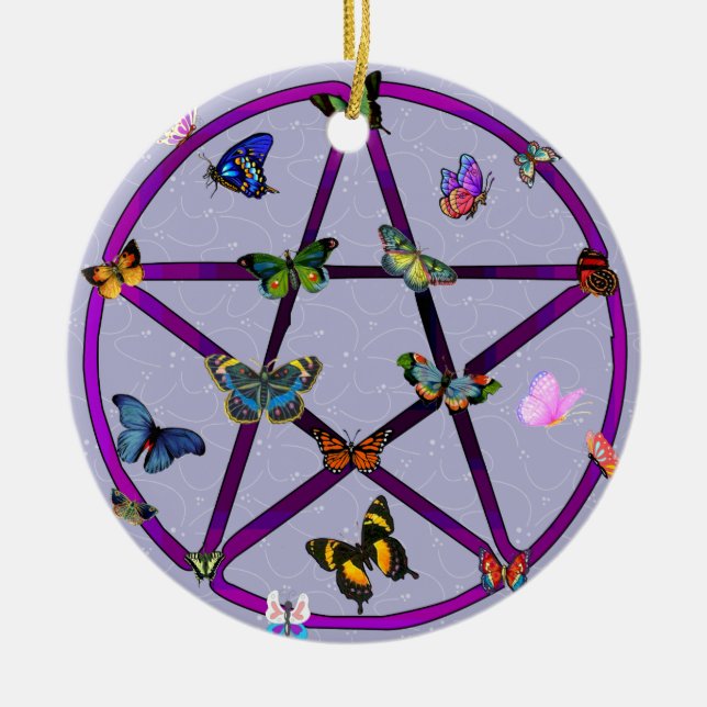 Wiccan Star and Butterflies Ceramic Tree Decoration (Front)