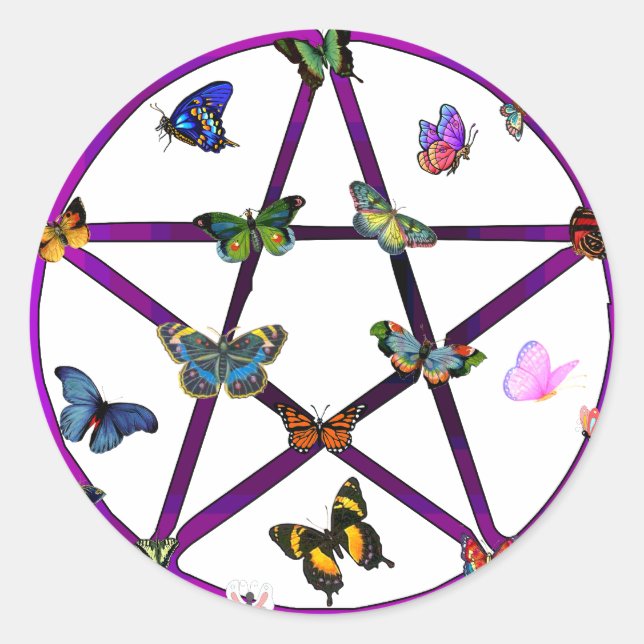Wiccan Star and Butterflies Classic Round Sticker (Front)