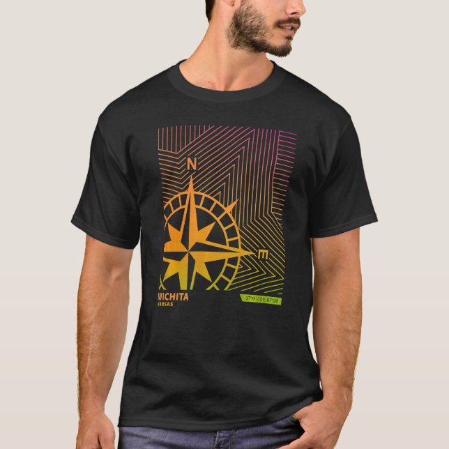 Wichita Kansas America Ombre Gradient Compass Line T-Shirt (Front)