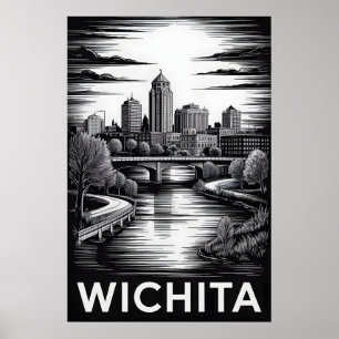 Wichita Kansas Skyline Black White Woodcut Poster