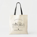 Wichita, Kansas Wedding | Stylised Skyline Tote Bag<br><div class="desc">A unique wedding tote bag for a wedding taking place in the beautiful city of Wichita,  Kansas.  This tote features a stylised illustration of the city's unique skyline with its name underneath.  This is followed by your wedding day information in a matching open lined style.</div>