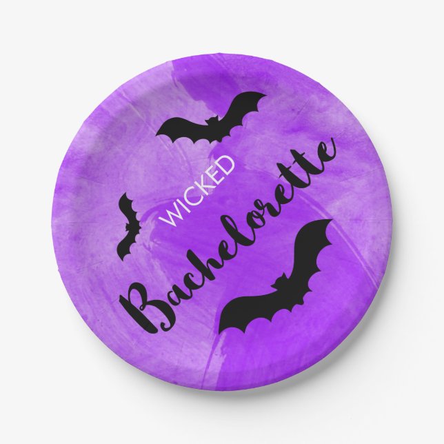 Wicked Bachelorette Party Black Bat Witchy Paper Plate (Front)