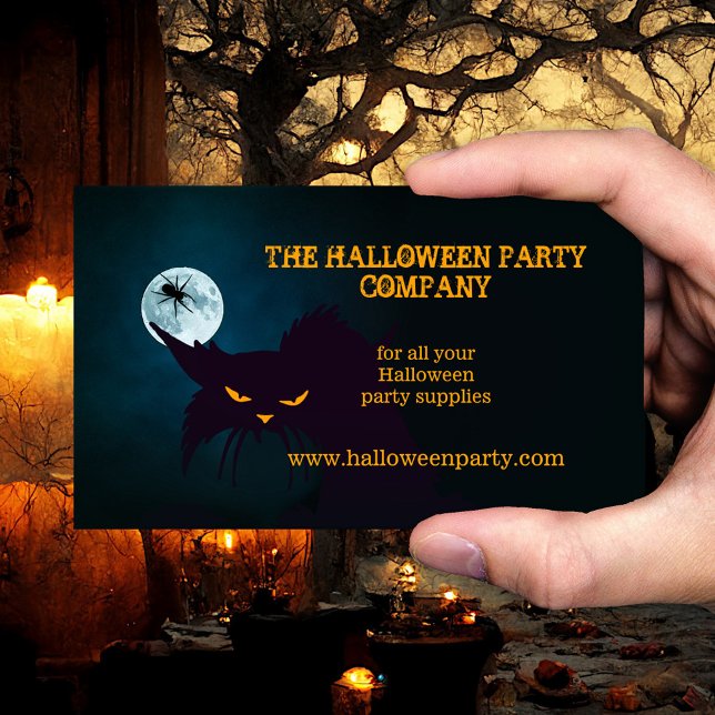 Wicked Cat Halloween Party Business Card (Halloween business card showing an angry black cat in the night with a spider on a full moon)