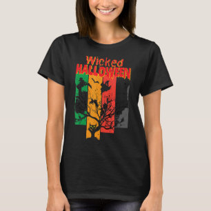 Wicked Cat Witch Moon Letter Print Halloween T-Shirt