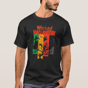 Wicked Cat Witch Moon Letter Print Halloween T-Shirt