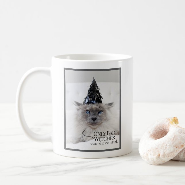 Wicked Cute Cat Only Back Witches Can Drive Stick Coffee Mug (With Donut)