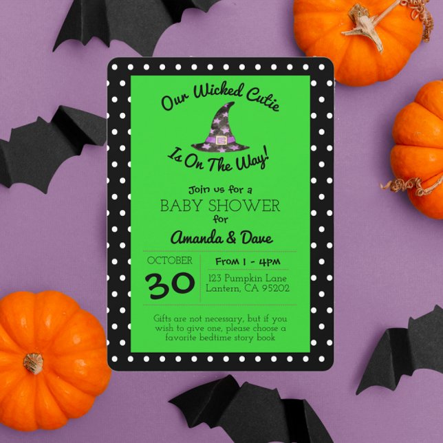Wicked Cutie Green and Black Polka Dot Baby Shower Invitation (Creator Uploaded)