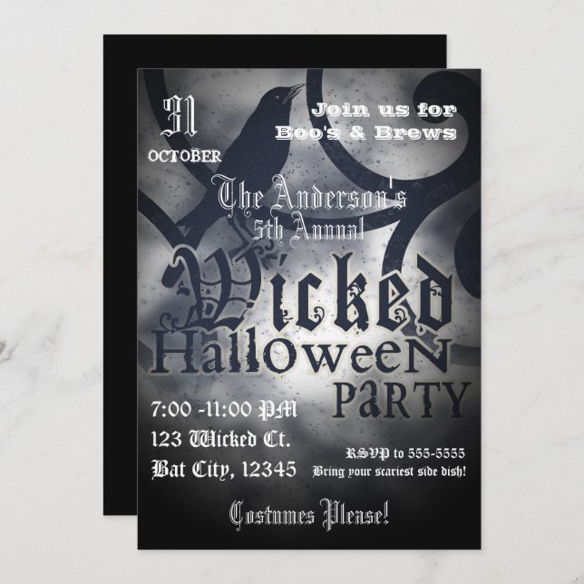Wicked Halloween Party Black Crow Bird Invitation (Front/Back)