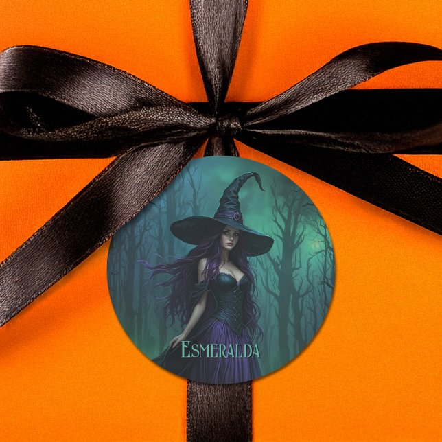 Wicked Halloween Witch in Purple and Black Name Classic Round Sticker (Creator Uploaded)