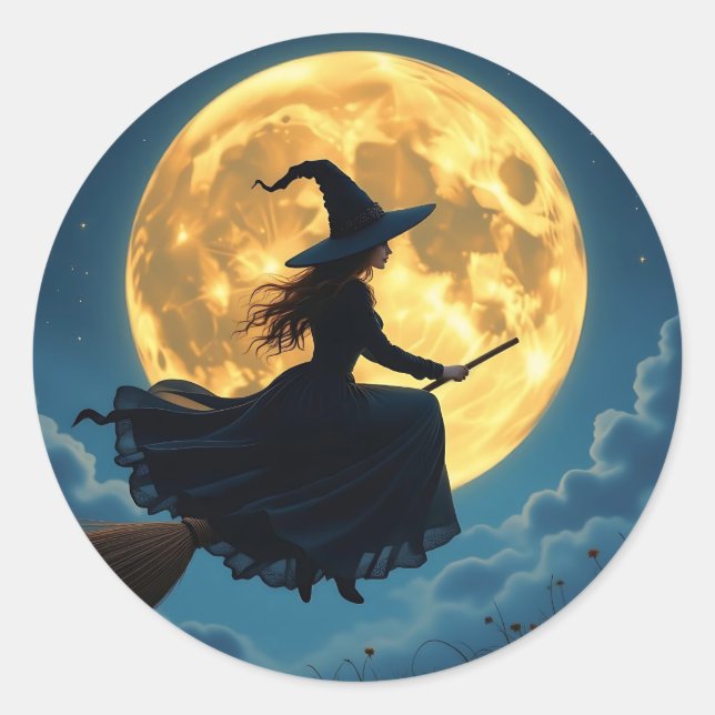 Wicked Halloween | Witch on Broom with Full Moon Classic Round Sticker (Front)