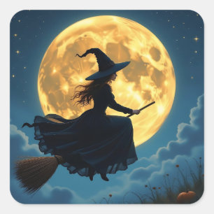 Wicked Halloween Witch on Broom with Full Moon Square Sticker