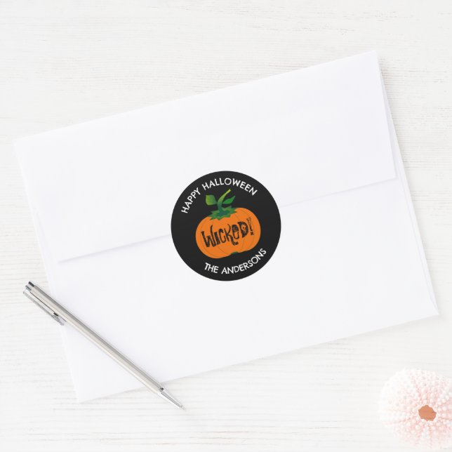 Wicked Happy Halloween Black Orange Pumpkin Classic Round Sticker (Envelope)