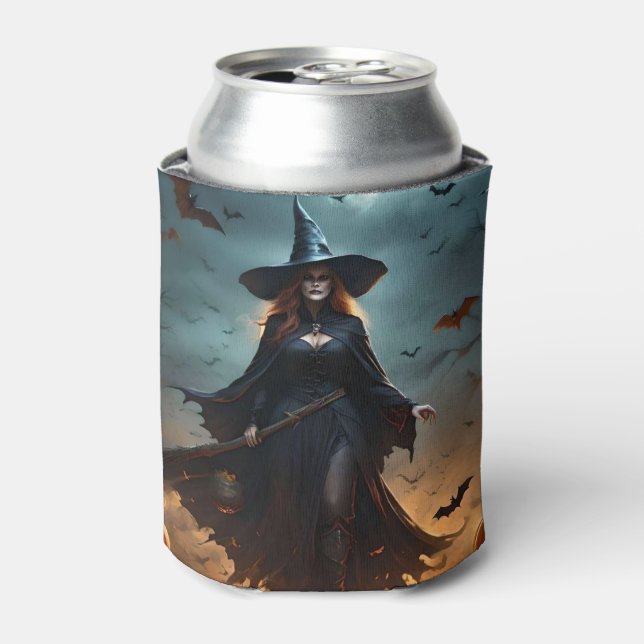 "Wicked Night: Scary Halloween Witch and Her Bats" Can Cooler (Can Front)