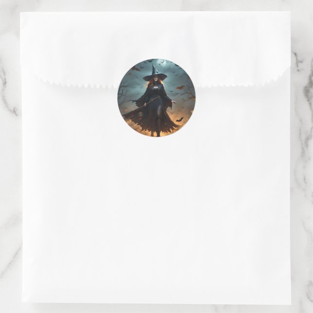 "Wicked Night: Scary Halloween Witch and Her Bats" Classic Round Sticker (Bag)