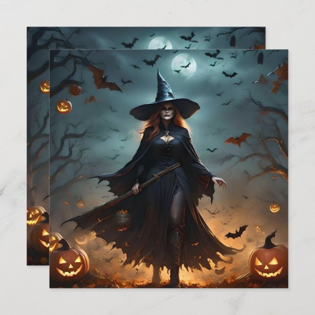"Wicked Night: Scary Halloween Witch and Her Bats" Invitation (Front/Back)
