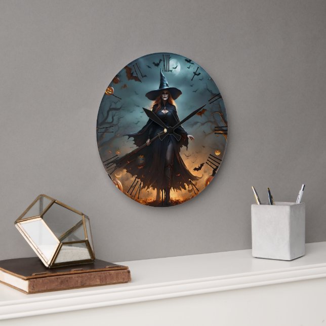 "Wicked Night: Scary Halloween Witch and Her Bats" Large Clock (Office)
