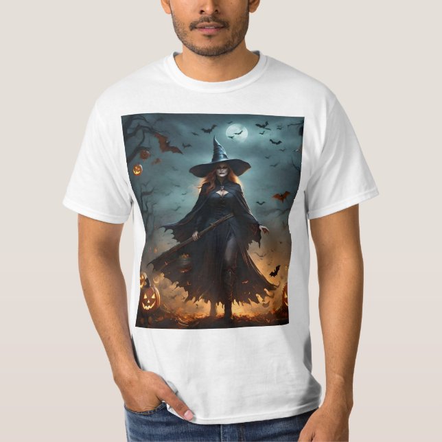 "Wicked Night: Scary Halloween Witch and Her Bats" T-Shirt (Front)