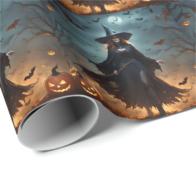 "Wicked Night: Scary Halloween Witch and Her Bats" Wrapping Paper (Roll Corner)