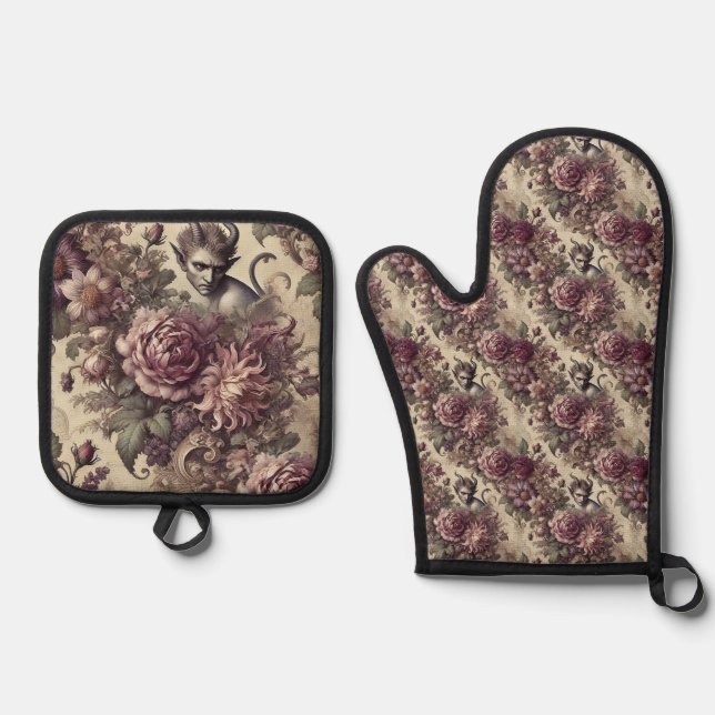 Wicked Plum Petals – Gothic Victorian Oven Mitt & Pot Holder Set (Front)