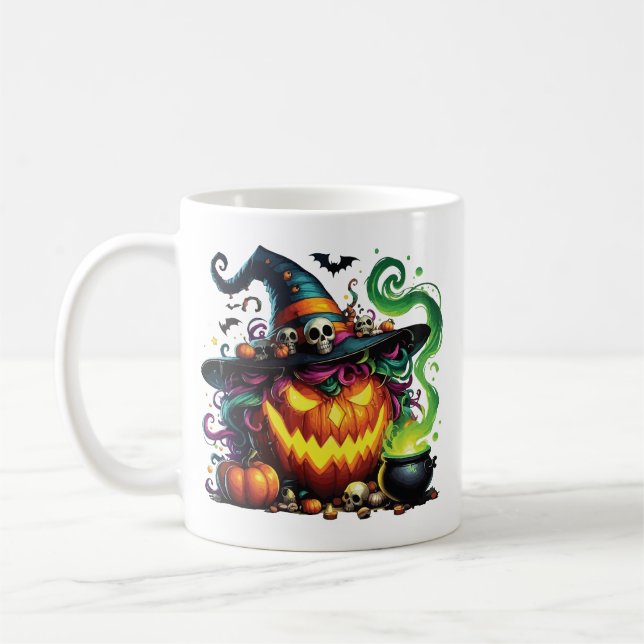 Wicked Pumpkin Witch Cauldron Coffee Mug (Left)