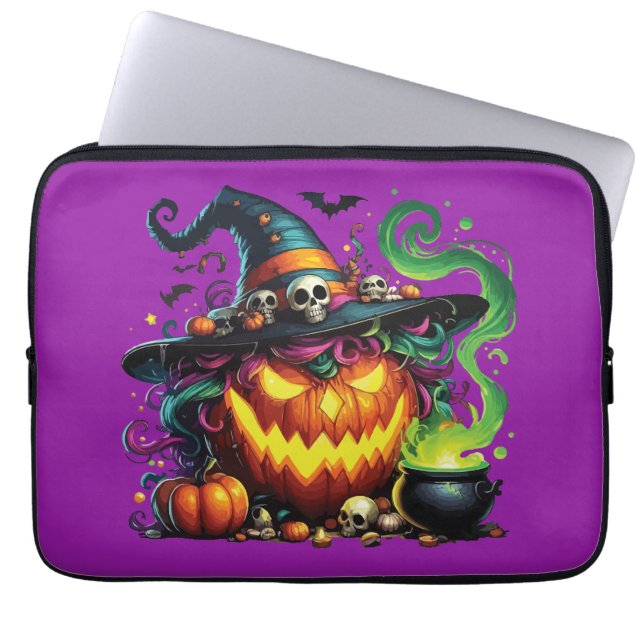 Wicked Pumpkin Witch Cauldron Laptop Sleeve (Front)