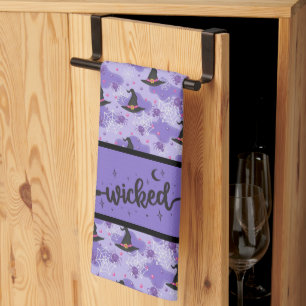 Wicked - Purple - Black Witches Hats And Spiders Tea Towel