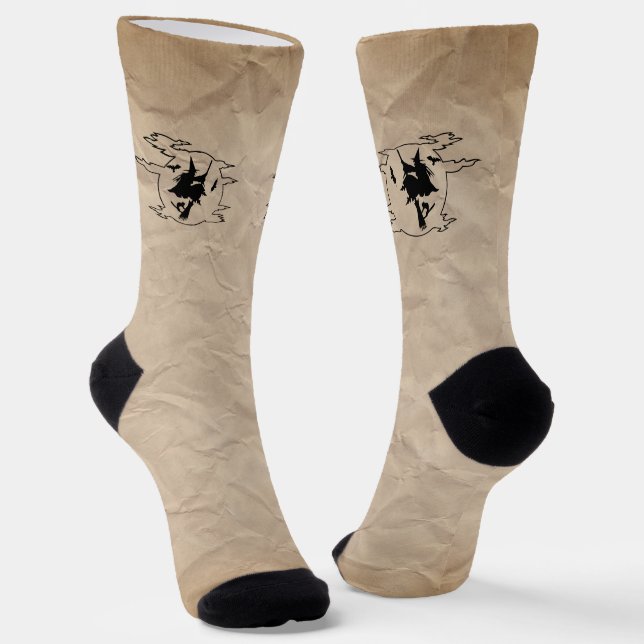 Wicked Spooky Vintage sepia flying witch Halloween Socks (Angled)