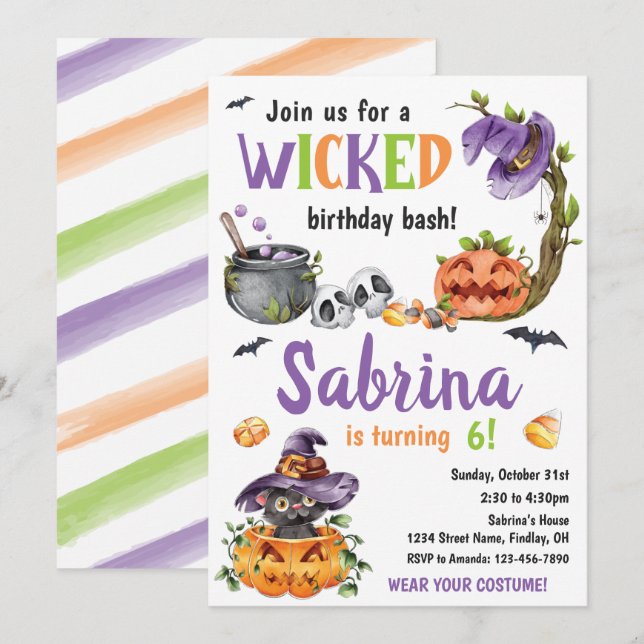 Wicked Witch Cat Halloween Birthday Party, Any Age Invitation (Front/Back)