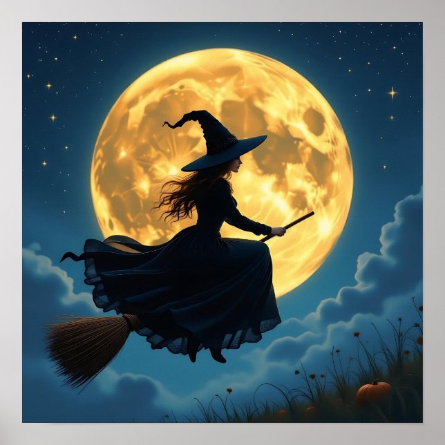 Wicked Witch on a Broom at Full Moon Poster (Front)