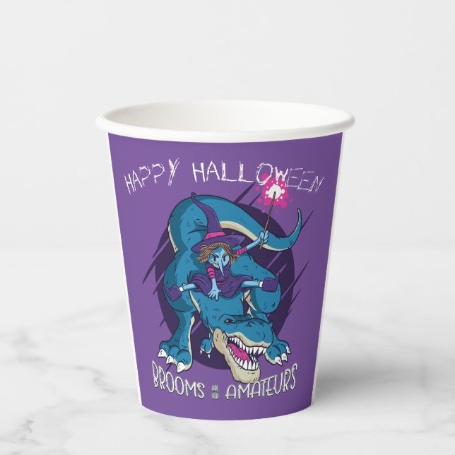 Wicked Witch On T-Rex Illustration Halloween Party Paper Cups (Front)