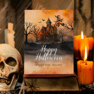 Wicked Witch Orange Black Haunted House Halloween Postcard