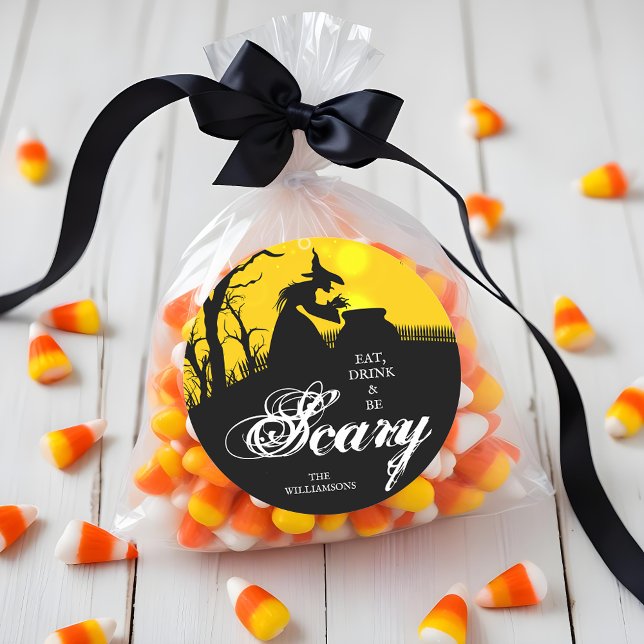 Wicked Witch Silhouette Halloween Classic Round Sticker (Wicked witch silhouette Halloween theme round stickers, 3" or 1-1/2" sizes available)