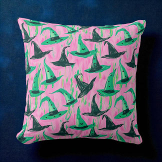 Wicked Witch Vibe Pink Green & Black Witch Hats Cushion