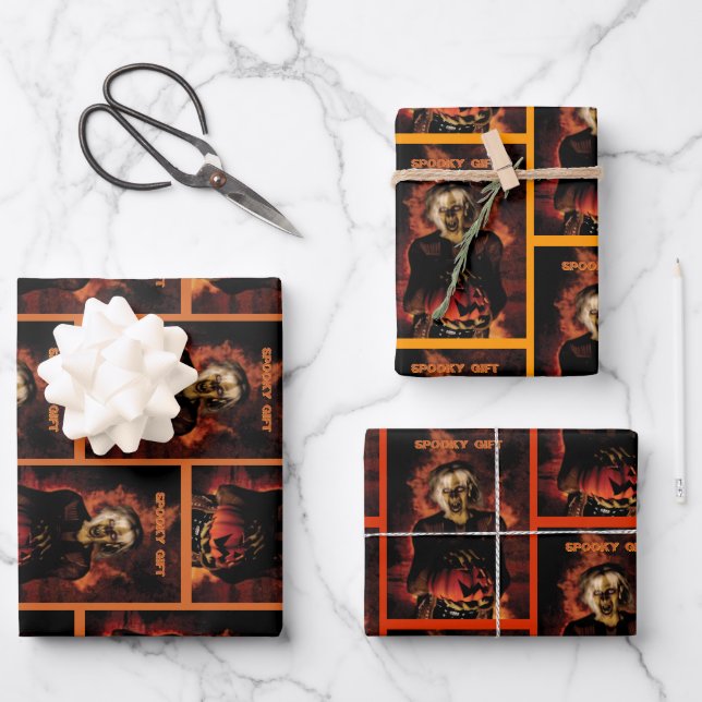 Wicked witch with pumpkin. Halloween Wrapping Paper Sheet (Front)