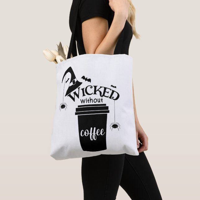 Wicked Without Coffee Cute Funny Black Witch Hat Tote Bag (Close Up)